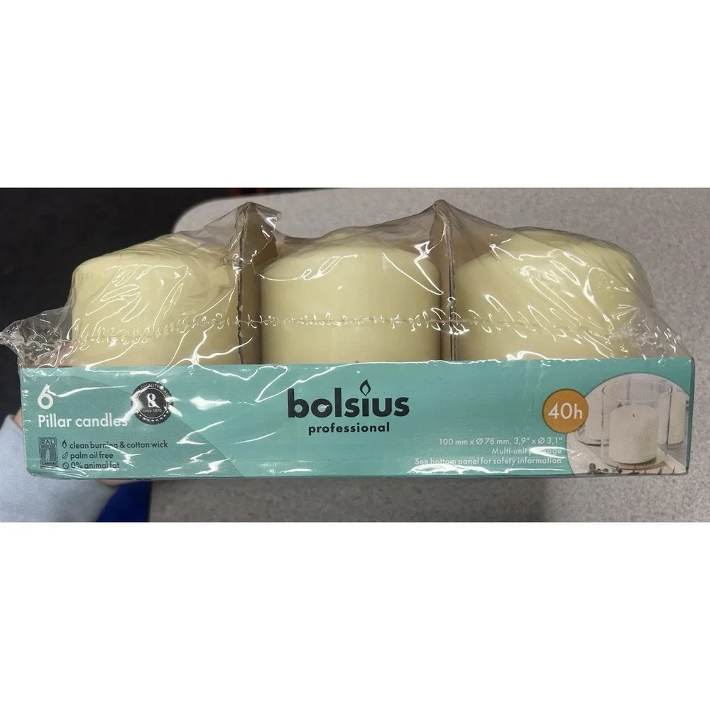 Bolsius Ivory Pillar Candles 6-Pack 40h Palm Oil Free Round 100mm x 78mm